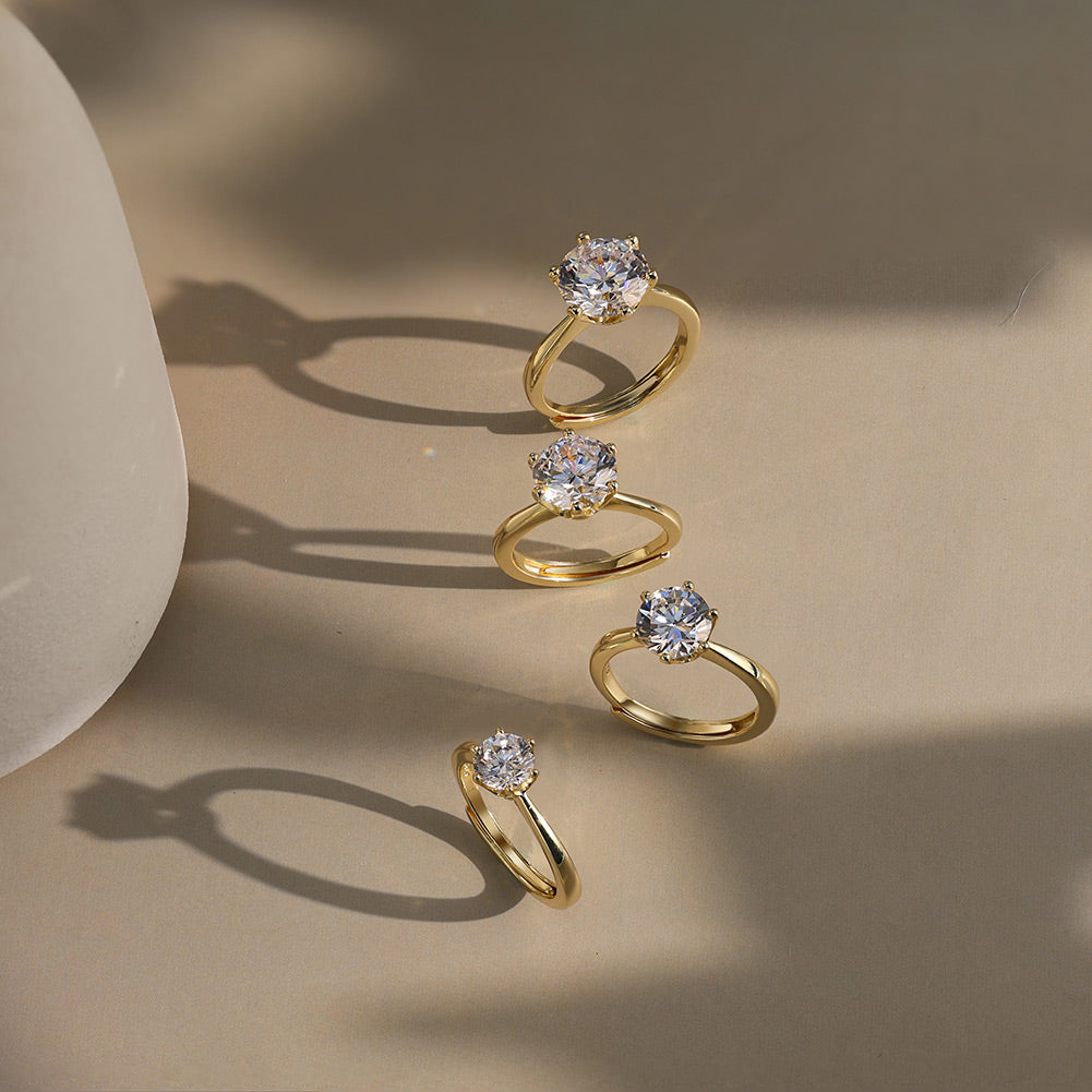 Yara Adjustable Ring – 925 Sterling Silver, 14k Gold or Rhodium Plated with VVS Moissanite Diamond (6.5mm)